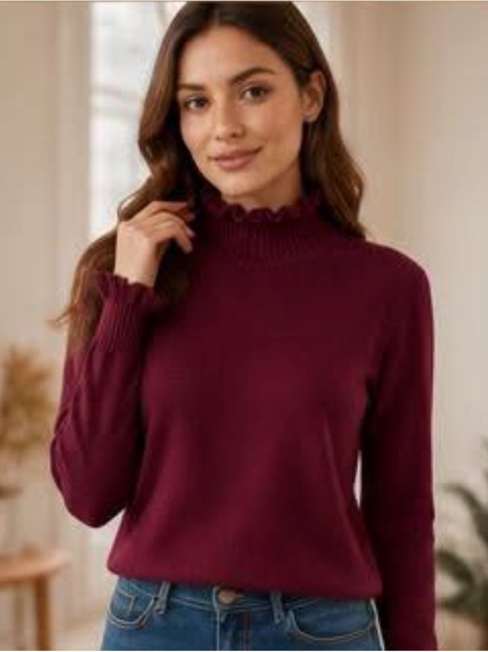 Burgundy Ruffled Mock Neck Sweater